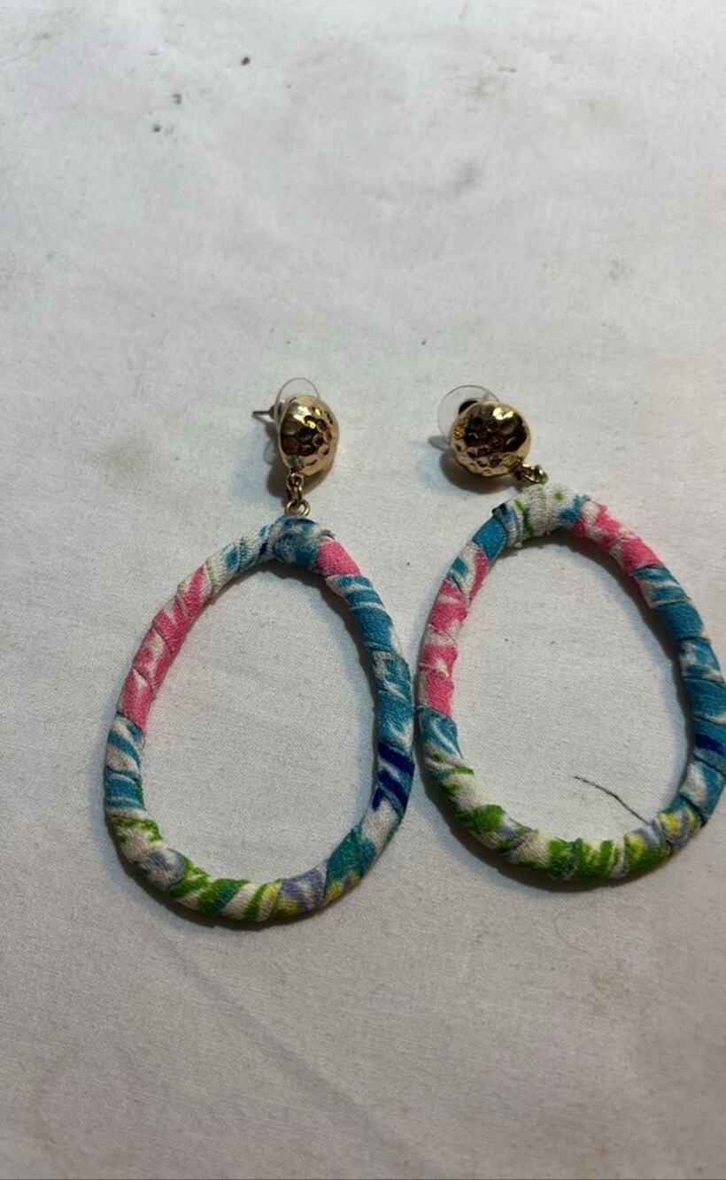Vintage Fabric-Wrapped Hoop Earrings with Gold-Tone Studs